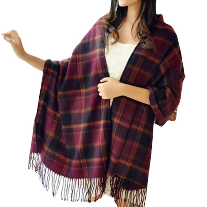 Plaid Scarf Women's Winter Versatile Student Scarf Cashmere Tassel Dual-use Warm Plaid Shawl