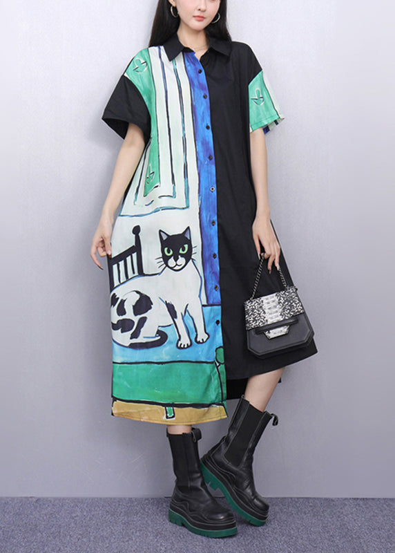 Natural Asymmetrical Peter Pan Collar Print Cotton Maxi Dresses Summer