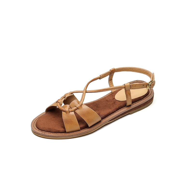 Genuine Leather X-Strap Woven Peep Toe Slingback Flat Sandals in Apricot/Beige/Brown