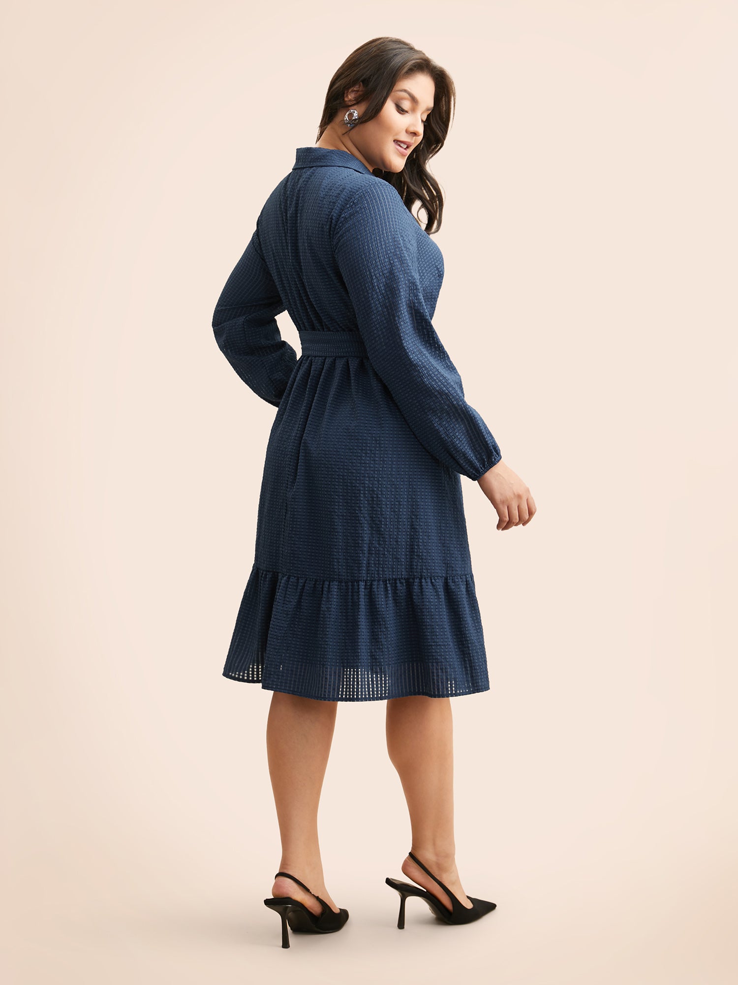 Overlap Collar Plain Textured Midi Dress