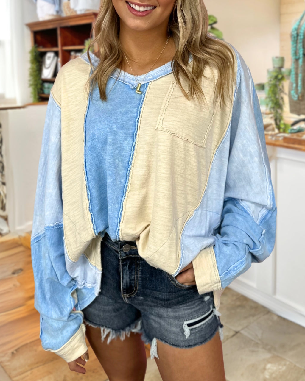 Raw Edge Color Block Top