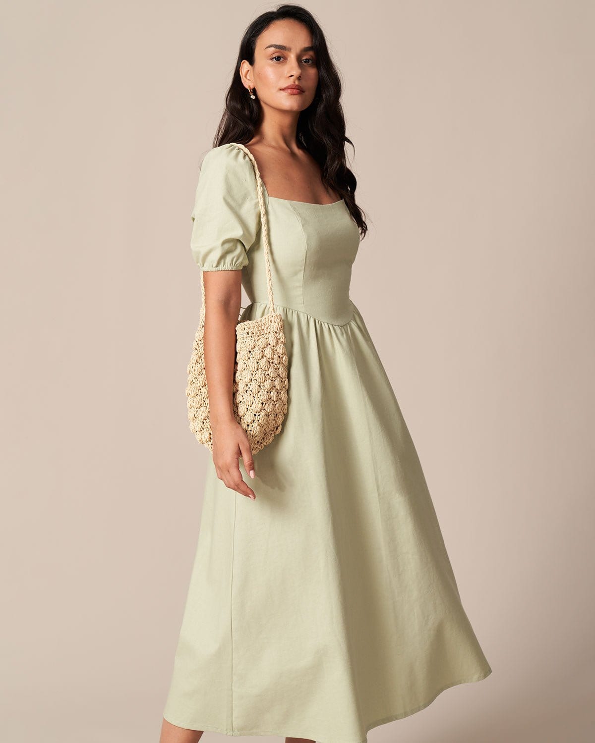 The Light Green Square Neck Shirred Midi Dress