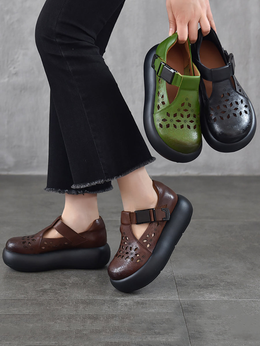 Women Casual Summer Genuine Leather Hollow Out Platform Shoes