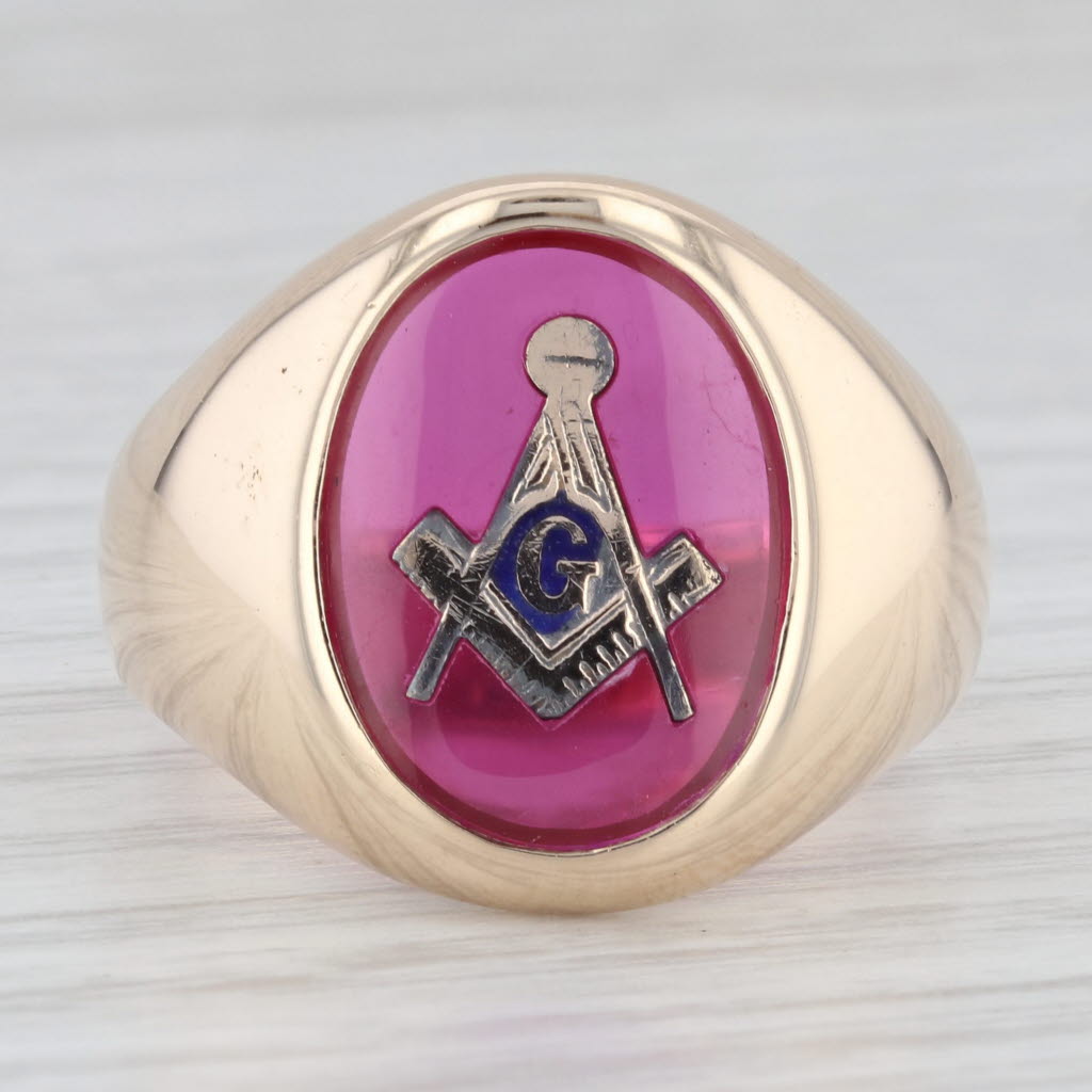Lab Created Ruby Masonic Signet Ring 10k Yellow Gold Size 10.25 Blue Lodge