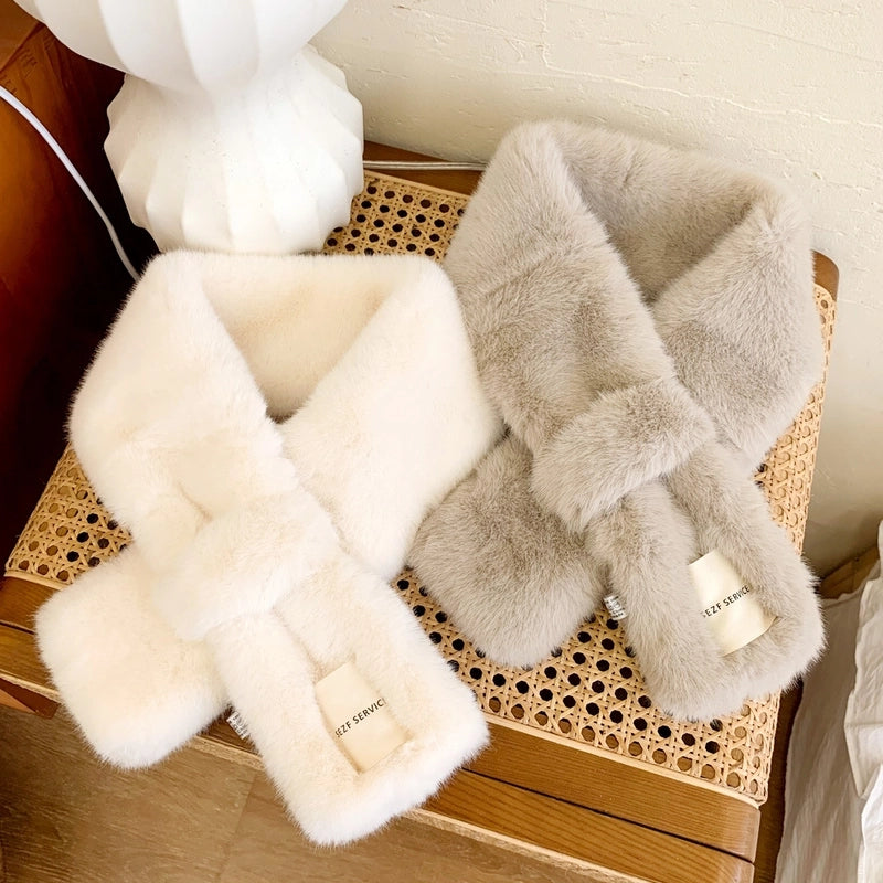 White Logo Plush Collar Scarf For Women Autumn And Winter  Warm Fashion All-match Cross Scarf