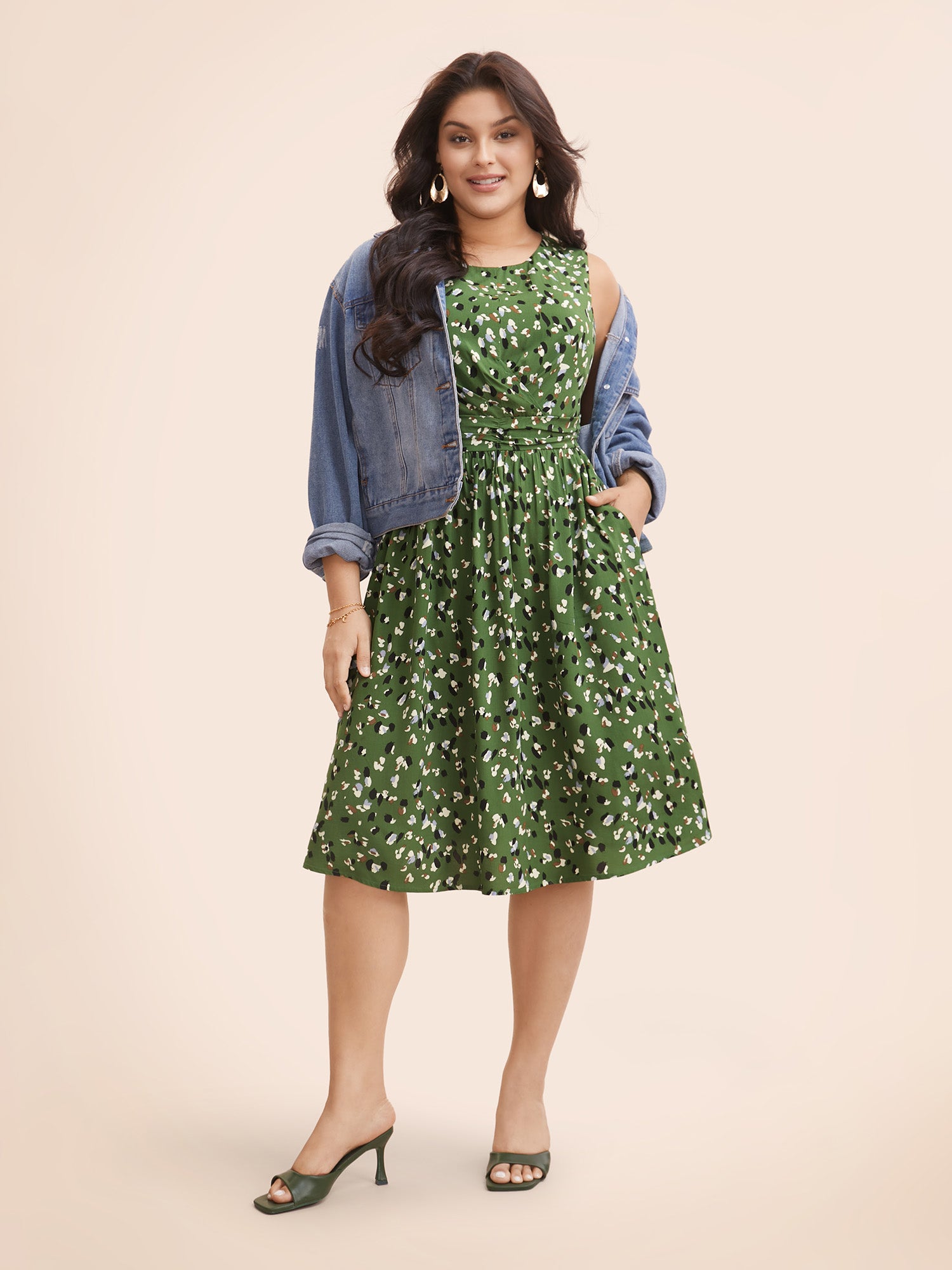 Allover Print Pocket Flutter Crossover Ruched Tank Dress