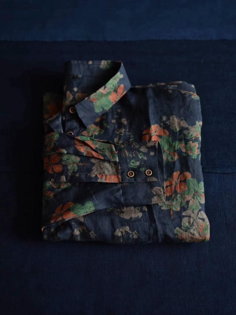 Women Summer Artsy Flower Turn-down Collar 100%Ramie Shirt