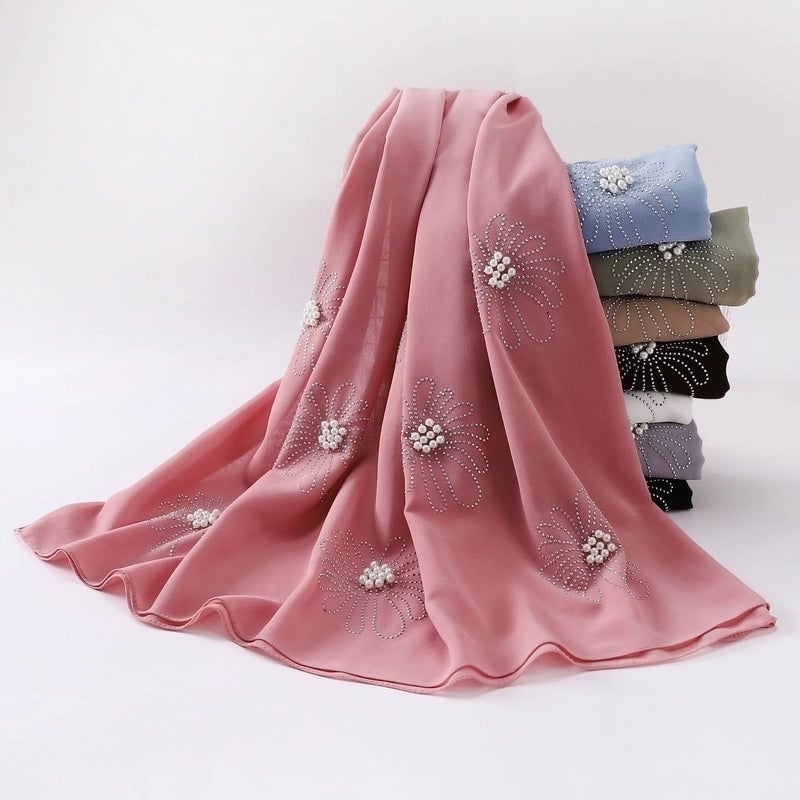 New Flower Hot Drilling Nail Bead Scarf Pearl Chiffon Muslim Scarf Middle East Hui Hijab Long Scarf