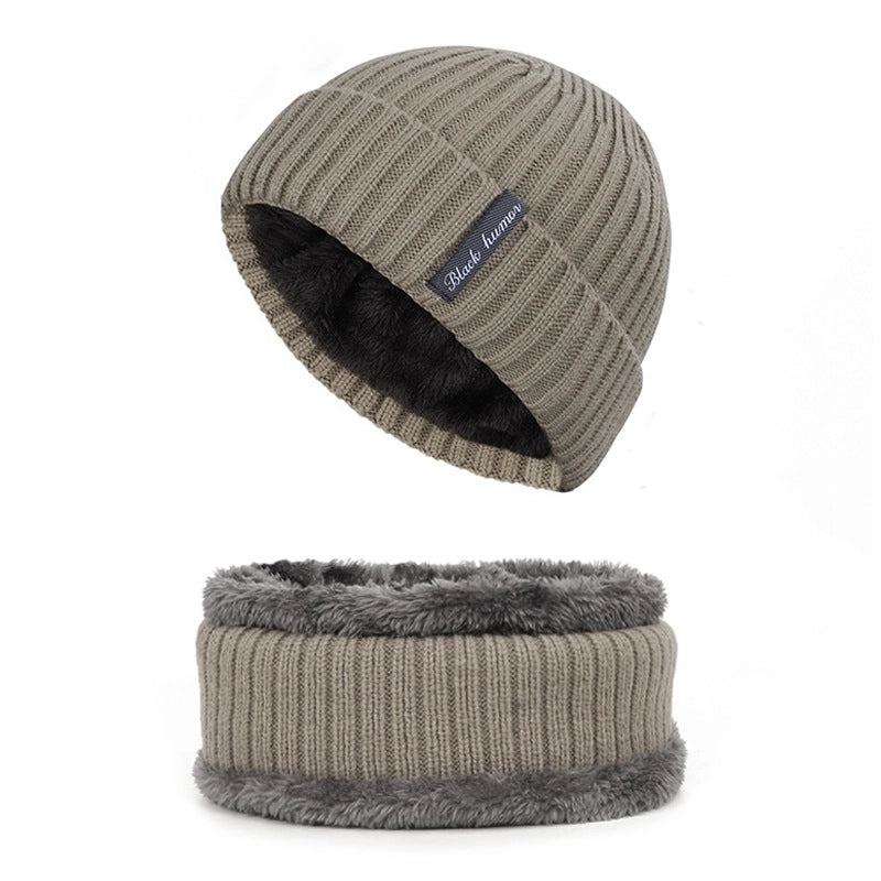 Autumn And Winter New Men's Style Knitted Hat Plus Velvet Padded Scarf Two-piece Warm Knitted Hat