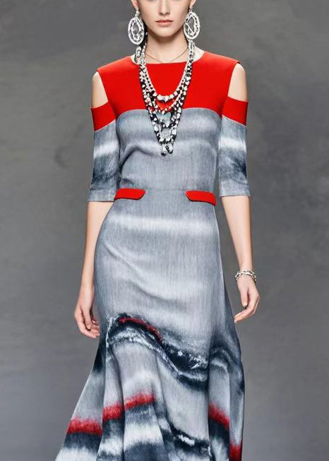 French Grey Cold Shoulder Patchwork Tie Dye Cotton Maxi Dresses Spring