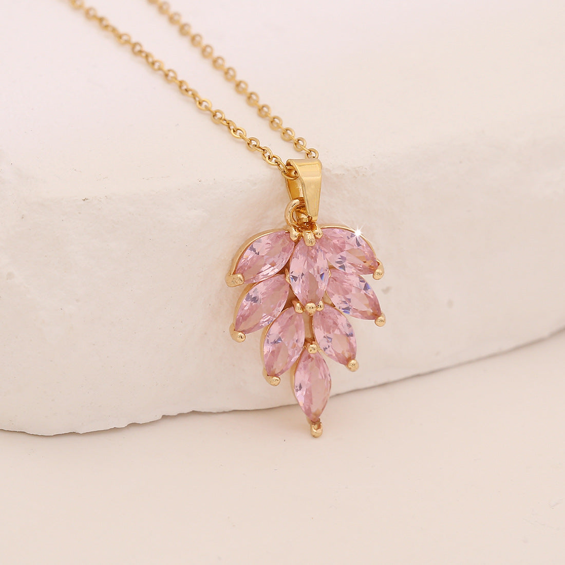 Pink Zirconium Flower Pendant Leaf Geometric Square Clavicle Chain Niche N1487