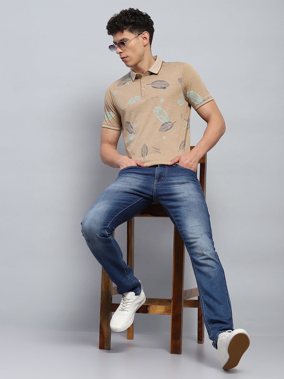 Men Beige Printed Collar Half Sleeve T-Shirt