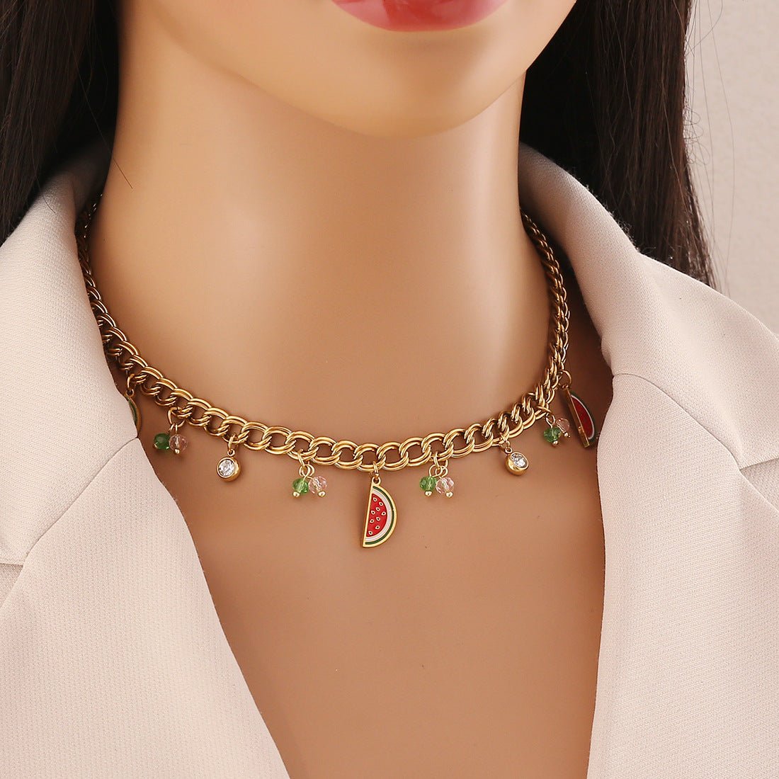 Fruit Watermelon Pineapple Pendant Necklace Colored Crystal Necklace N1524