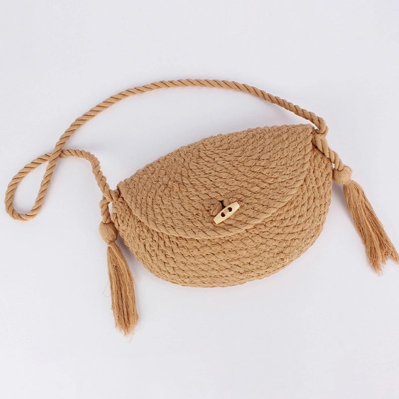 Women's Small Cotton Solid Color Basic Classic Style Tassel Weave Dumpling Shape Lock Clasp Crossbody Bag