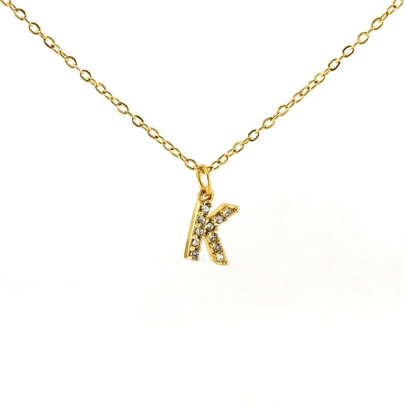 Minimalist Classic Style Letter Titanium Steel Zircon 18K Gold Plated Inlay Pendant Necklace