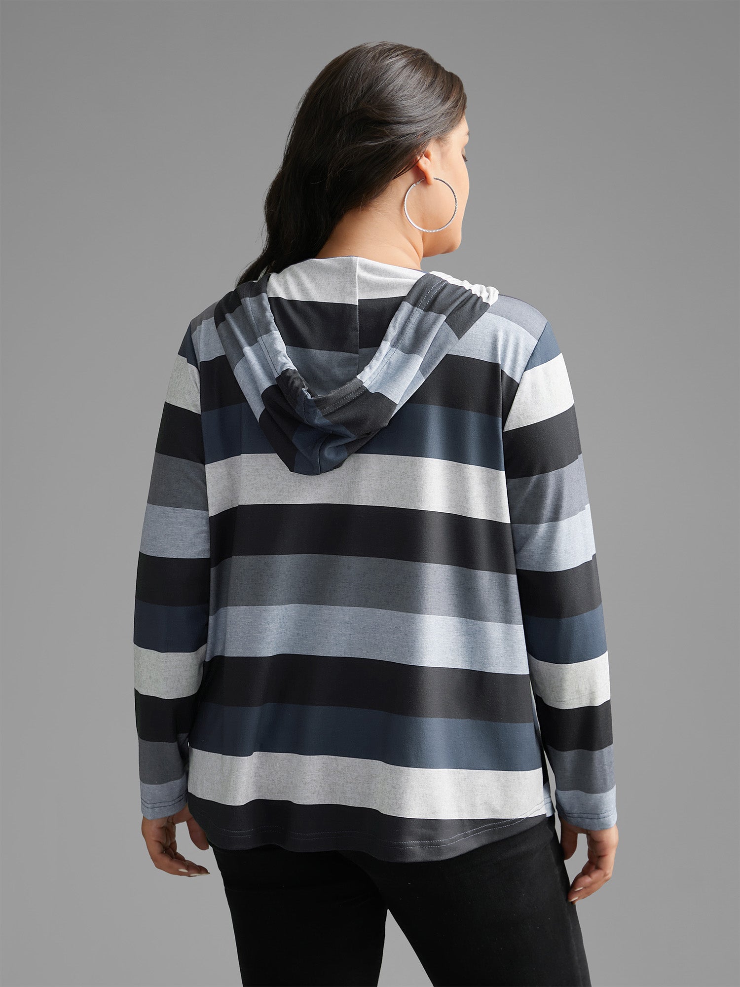 Contrast Striped Hooded Drawstring T-shirt