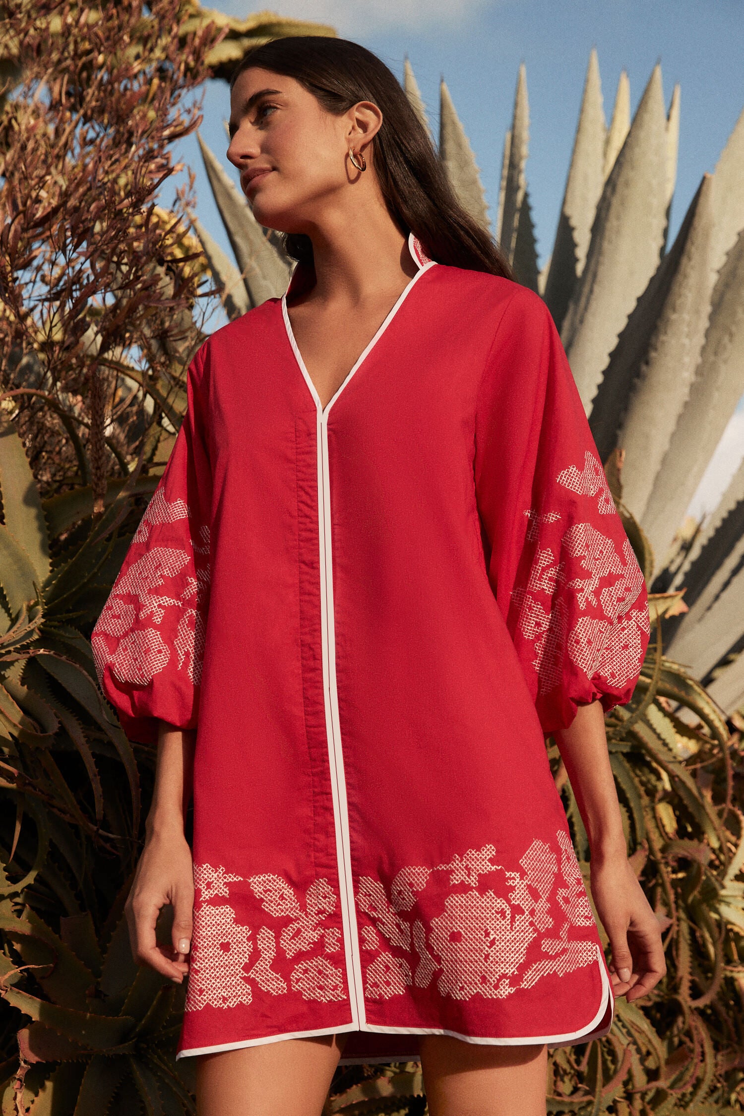 Red & White Embroidery Mini Arem Caftan