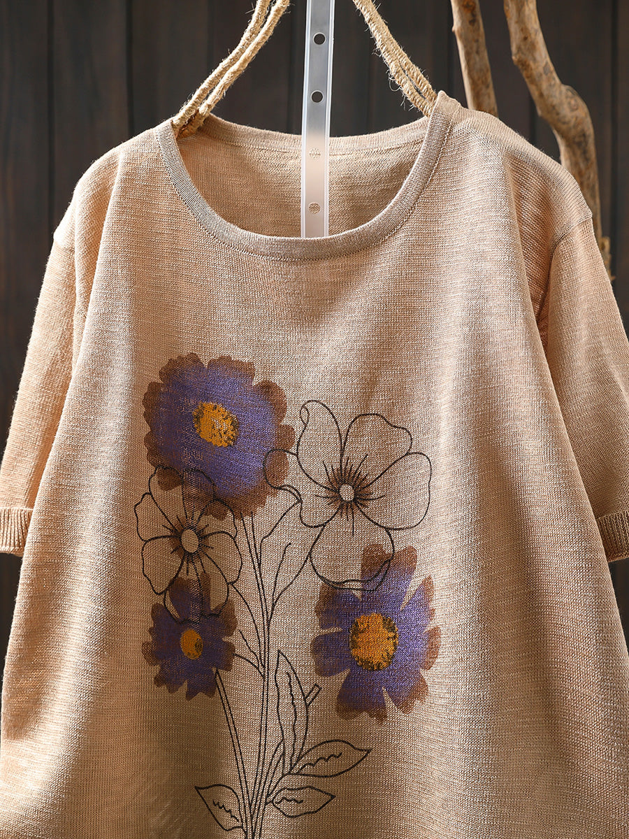 Women Summer Artsy Flower Knitted Linen Cotton Shirt