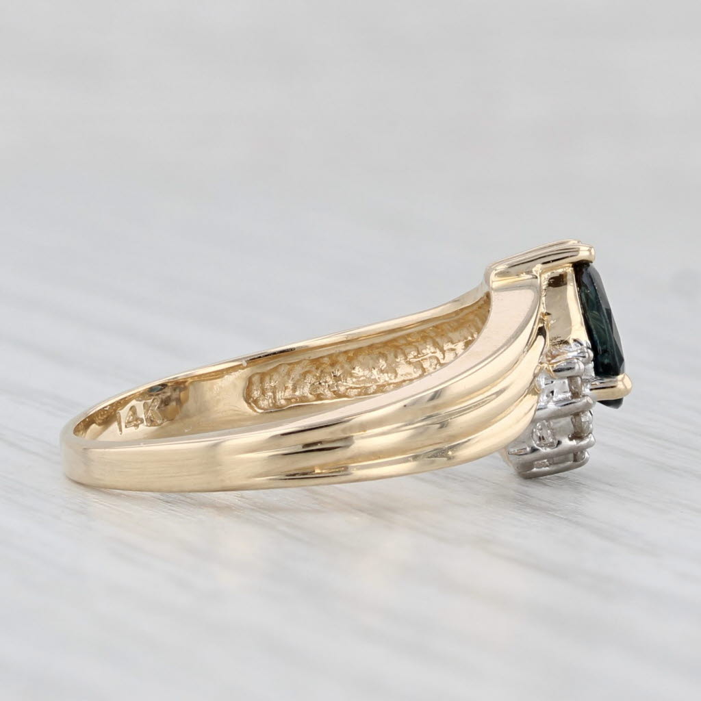 0.85ctw Pear Blue Sapphire Diamond Contoured V Ring 14k Yellow Gold Size 7.5