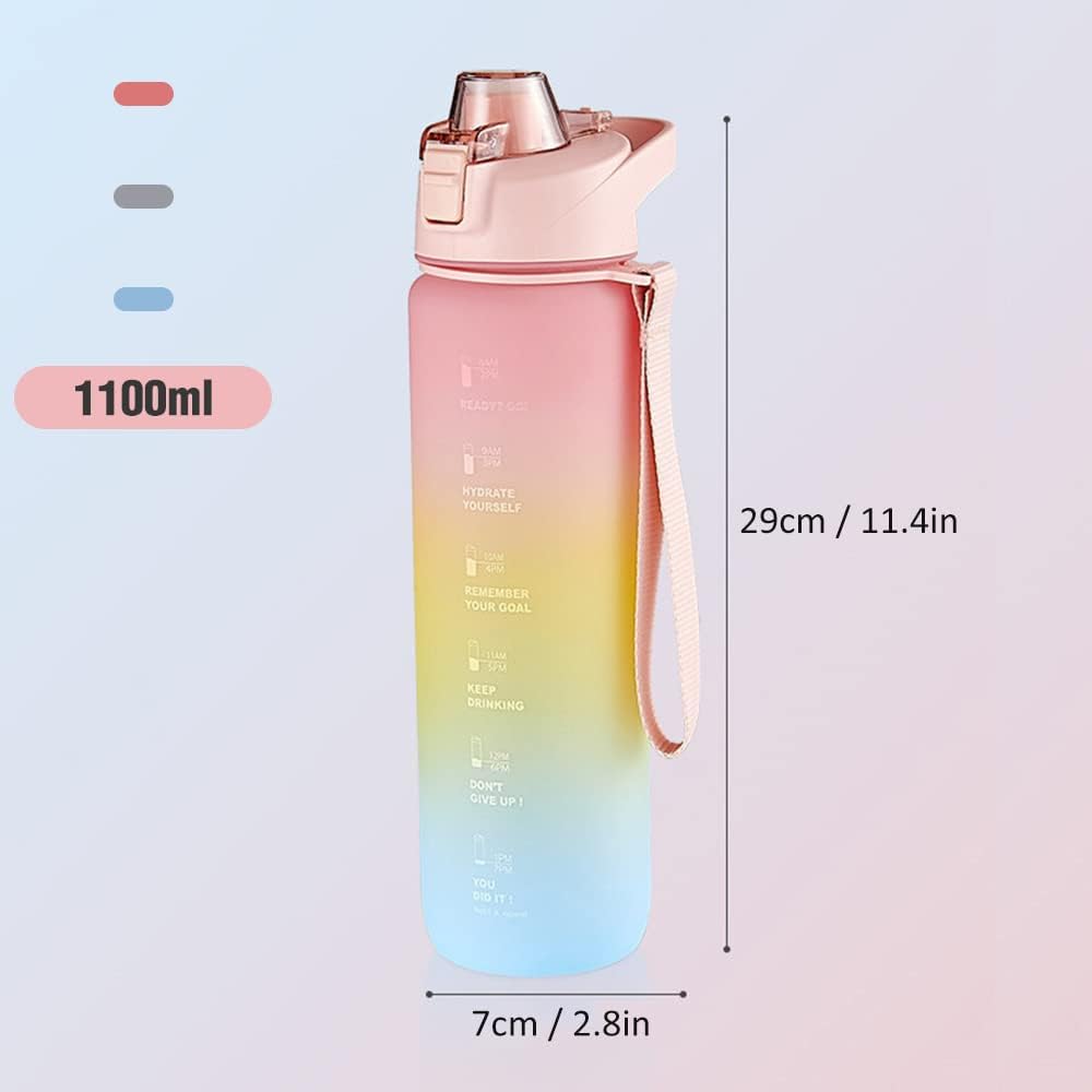 1100ml Sports Water Bottle With Time Marker. Leak Proof Portable Reusable Drinking Bottle