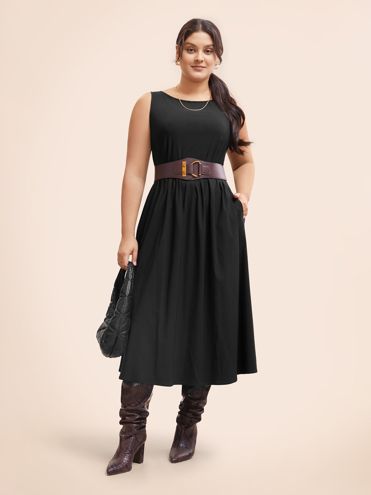 Stretch Woven Blend Multiple Splicing Midi Dress