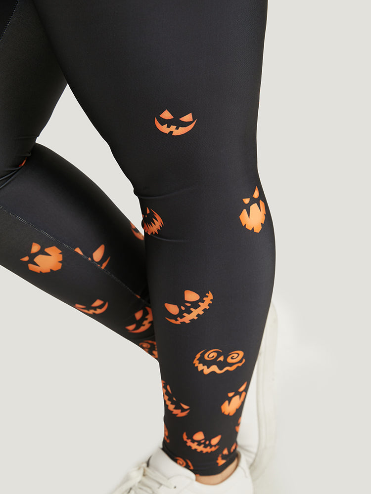 Halloween Pumpkin Print Wideband Waist Leggings
