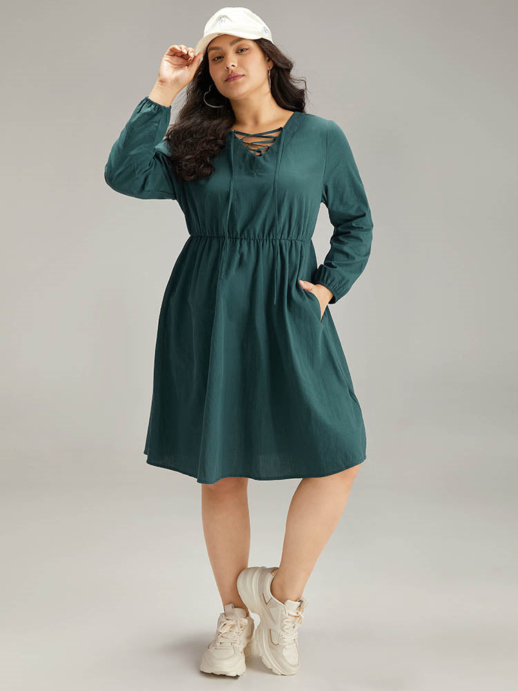 Cotton Solid Lace Up Elastic Waist Dress
