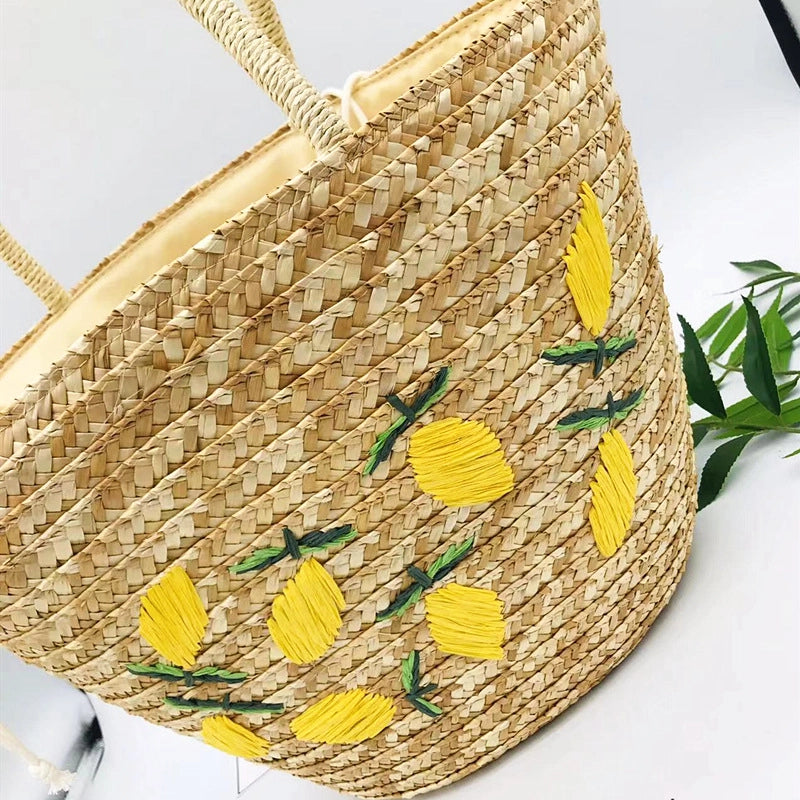 Women's Large Straw Lemon Vacation Beach Weave String Straw Bag