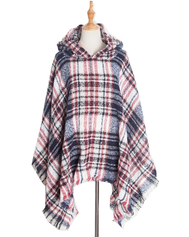 Direct New Cape Europe And The United States Spring And Autumn And Winter New Barbed Wool Pullover Plaid Hat Cape Shawl