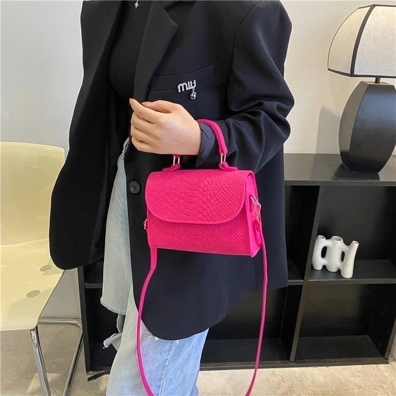Women's Mini Pu Solid Color Crocodile Fashion Square Magnetic Buckle Flip Cover Shoulder Bag Handbag Crossbody Bag