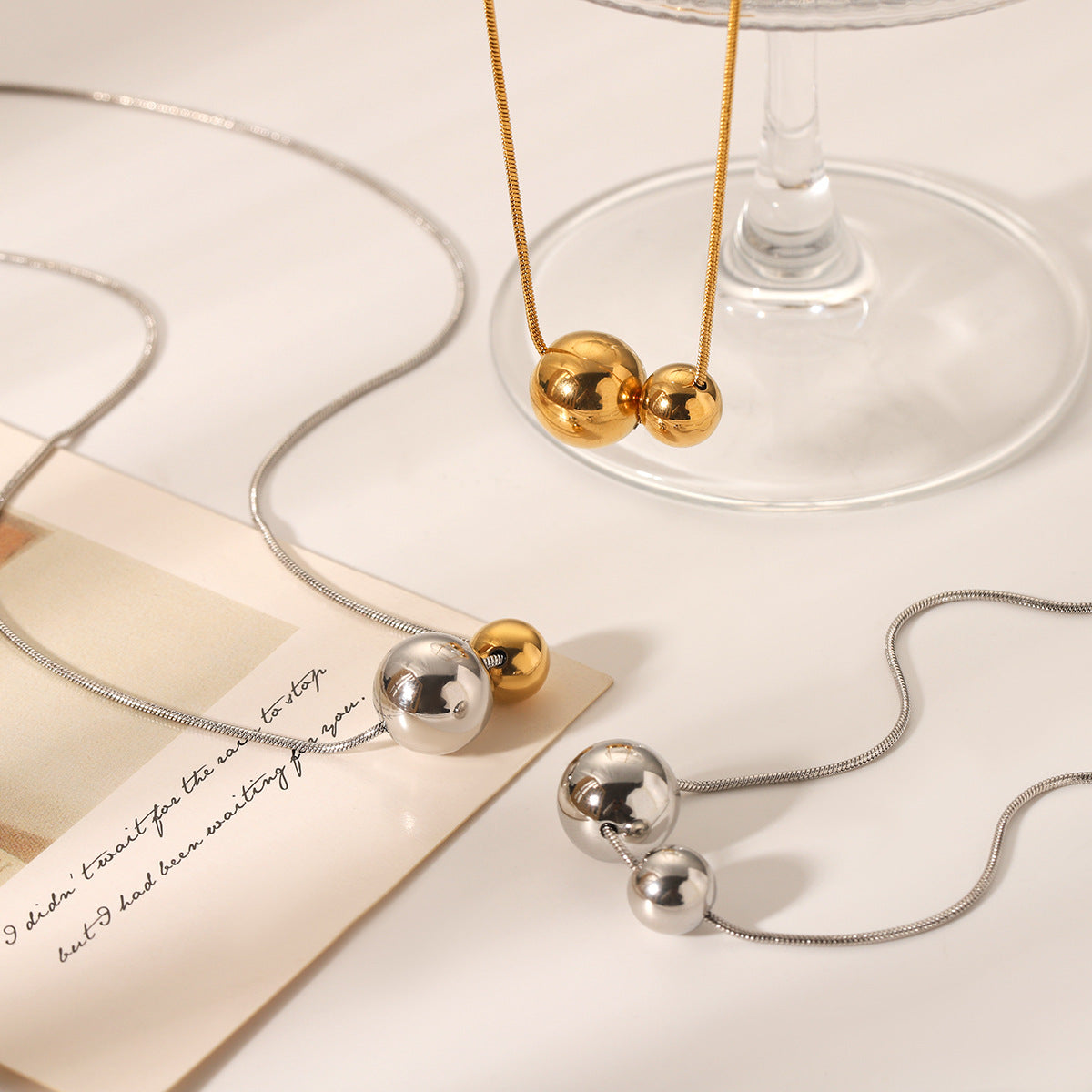 Stainless Steel Snake Bone Chain Ball-Shaped Gold And Silver Color Matching Steel Bead Pendant Necklace Niche Design Clavicle Chain Necklace