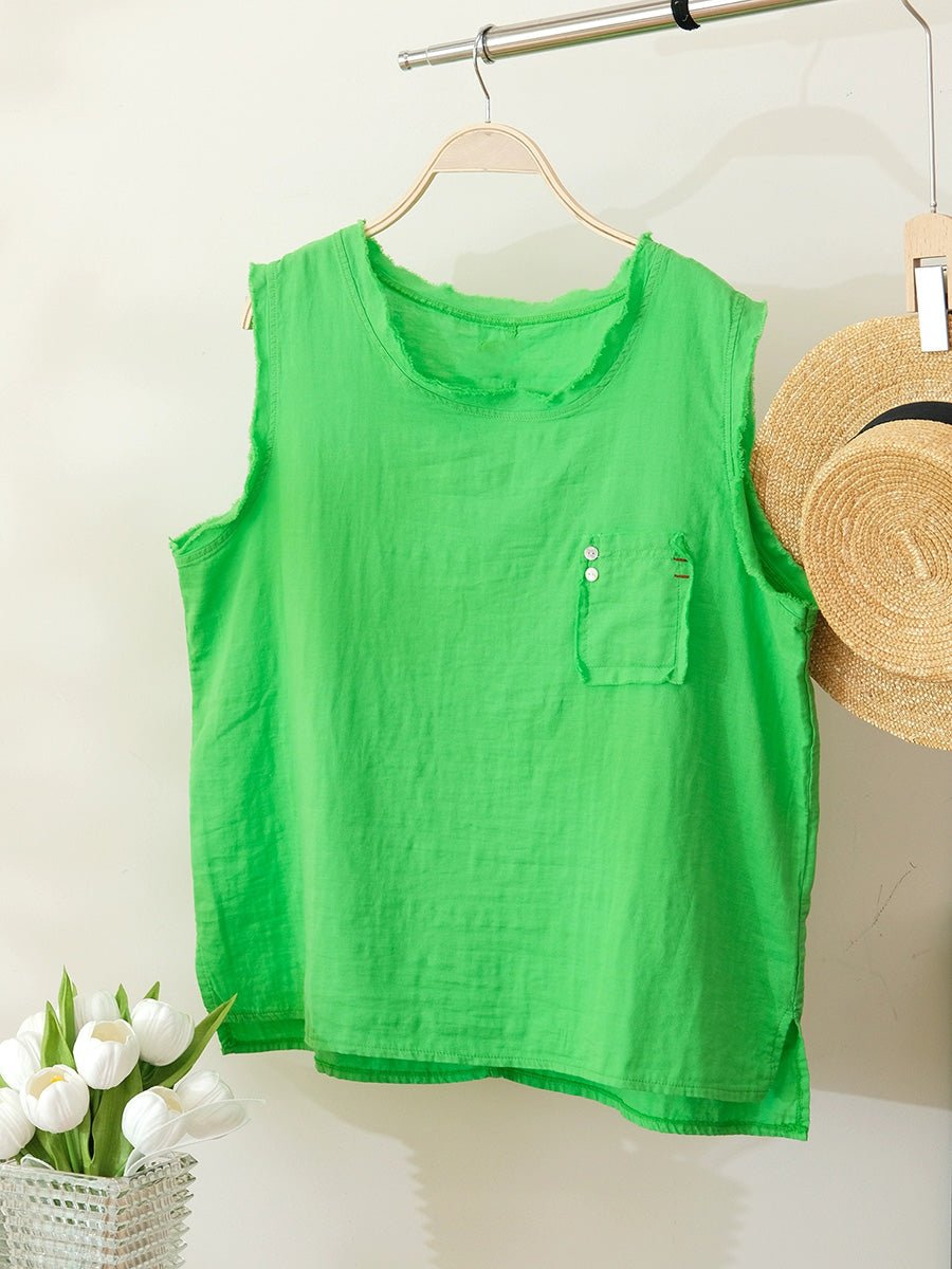 Women Summer Casual Pure Color O-Neck 100%Cotton Vest