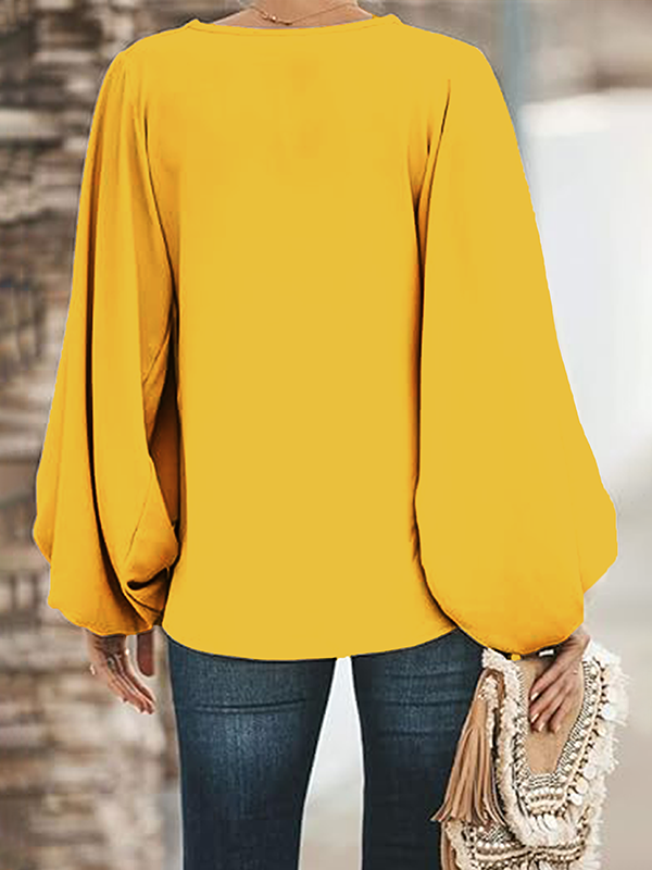 Long Sleeves Loose Elasticity Figure V-neck T-Shirts Tops