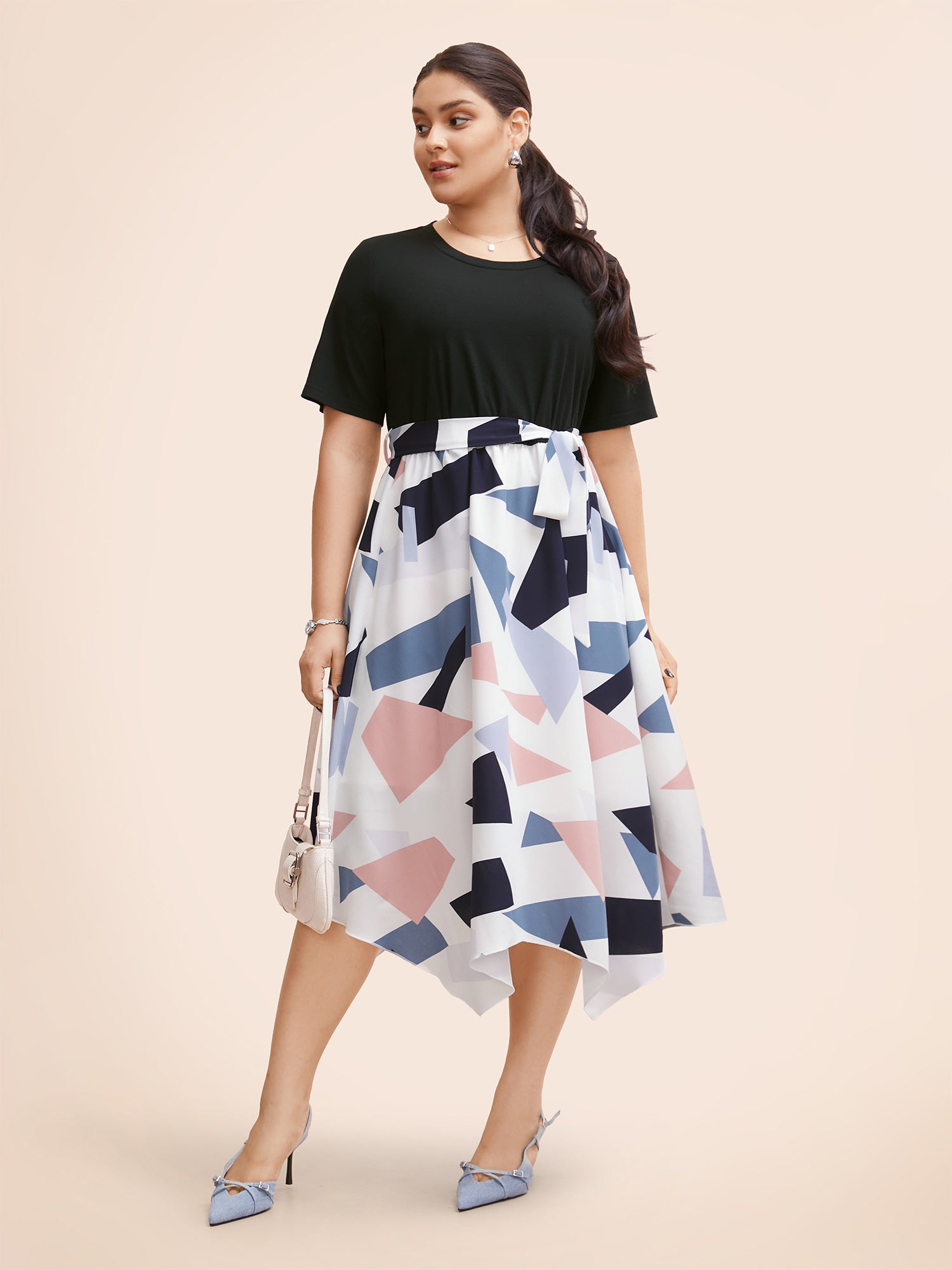 Geometric Patchwork Asymmetrical Hem Midi Dress