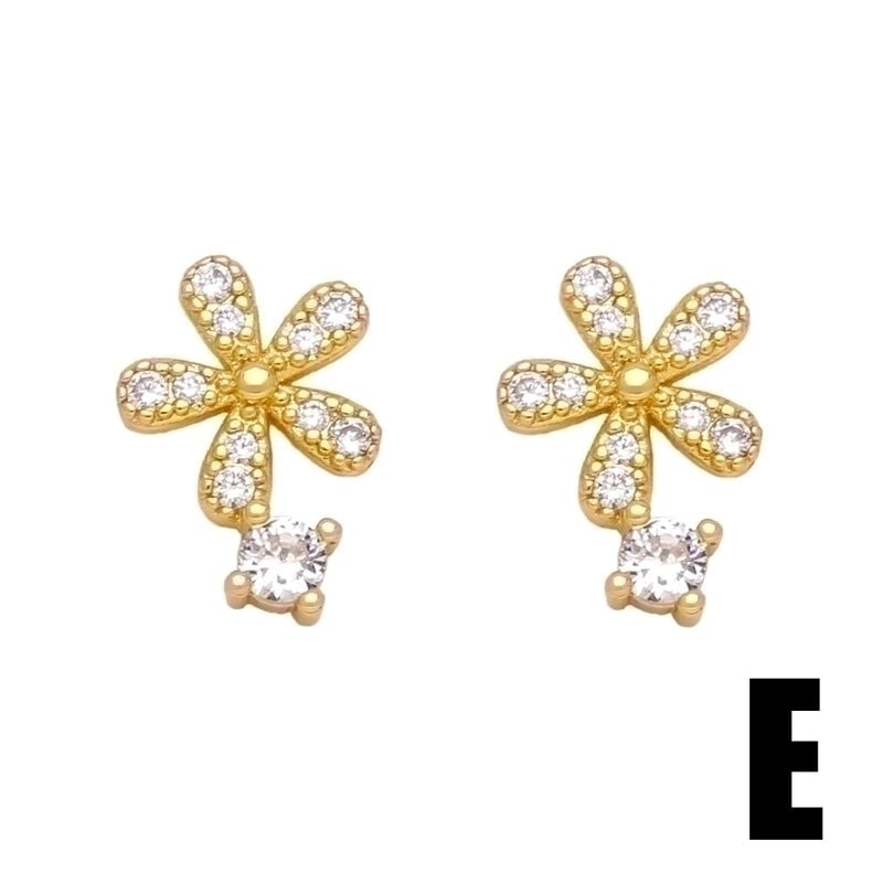 1 Pair Minimalist Heart Shape Crab Fish Bone Plating Inlay Copper Zircon 18k Gold Plated Ear Studs