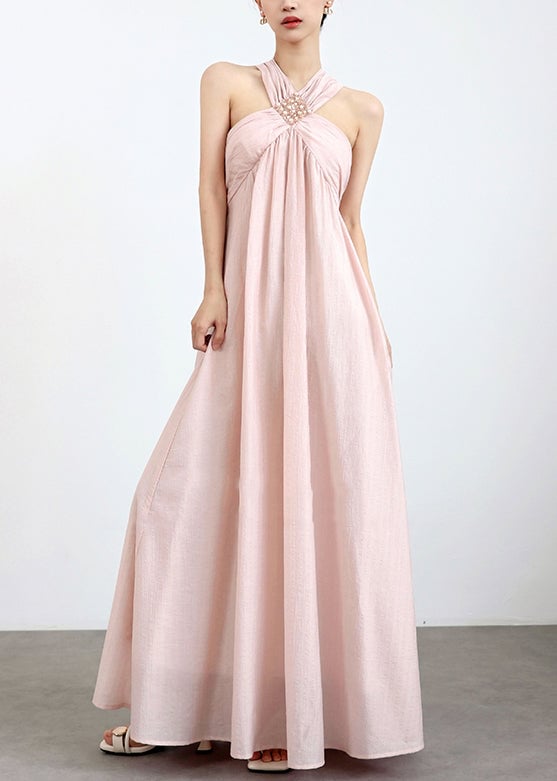 Elegant Pink Cold Shoulder Pearl Solid Cotton Maxi Dresses Sleeveless