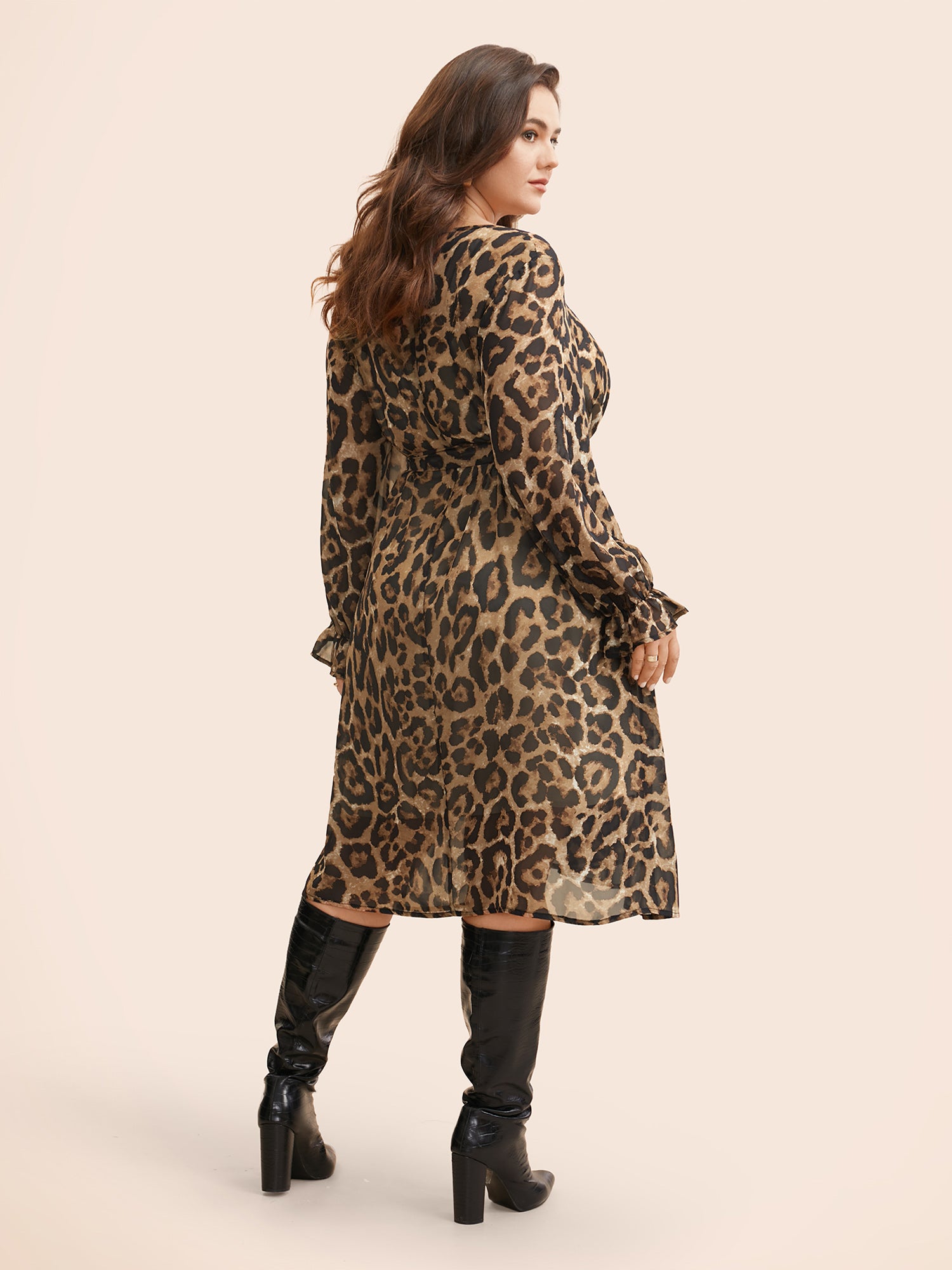 Leopard Print Lace Up Lantern Sleeve Dress