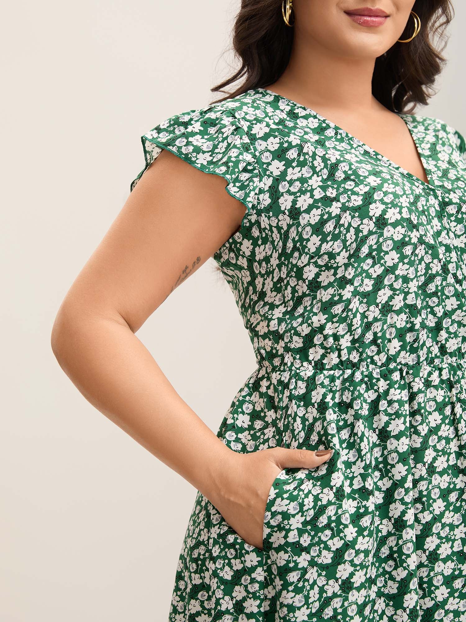 Breezy Floral Print Flutter Sleeve Midi Dress