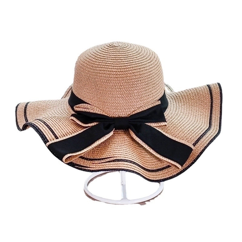 Women's Sweet Pastoral Color Block Bowknot Side Of Fungus Straw Hat