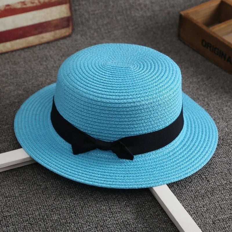 Straw Hat Female Summer British Retro Flat Top Beach Travel Hat
