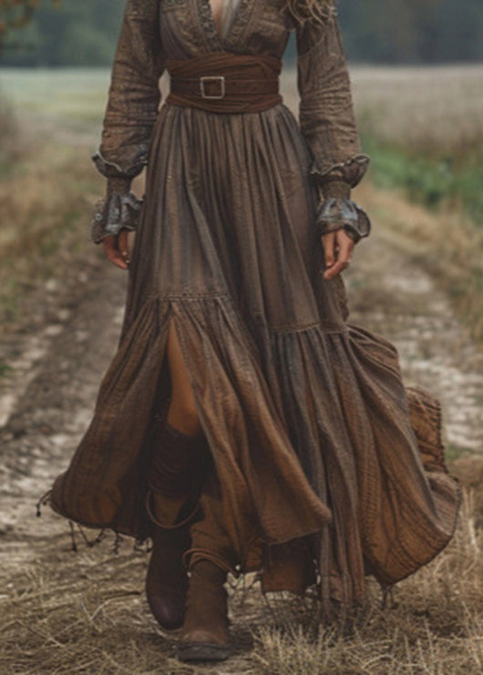 Elegant Dark Coffee Wrinkled Patchwork Cotton Long Dress Fall