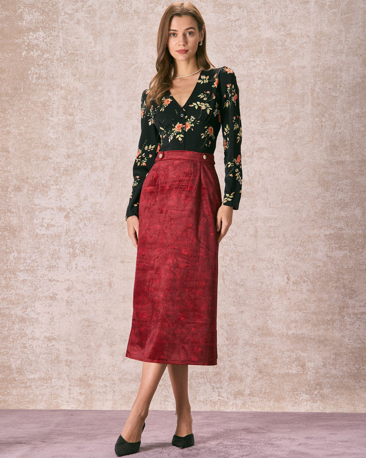 The Wine Red Split Hem Velvet Midi Skirt