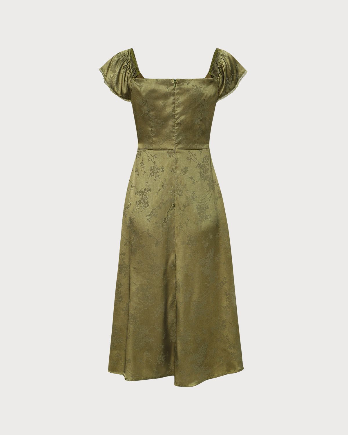 The Green Satin Jacquard Side Split Midi Dress
