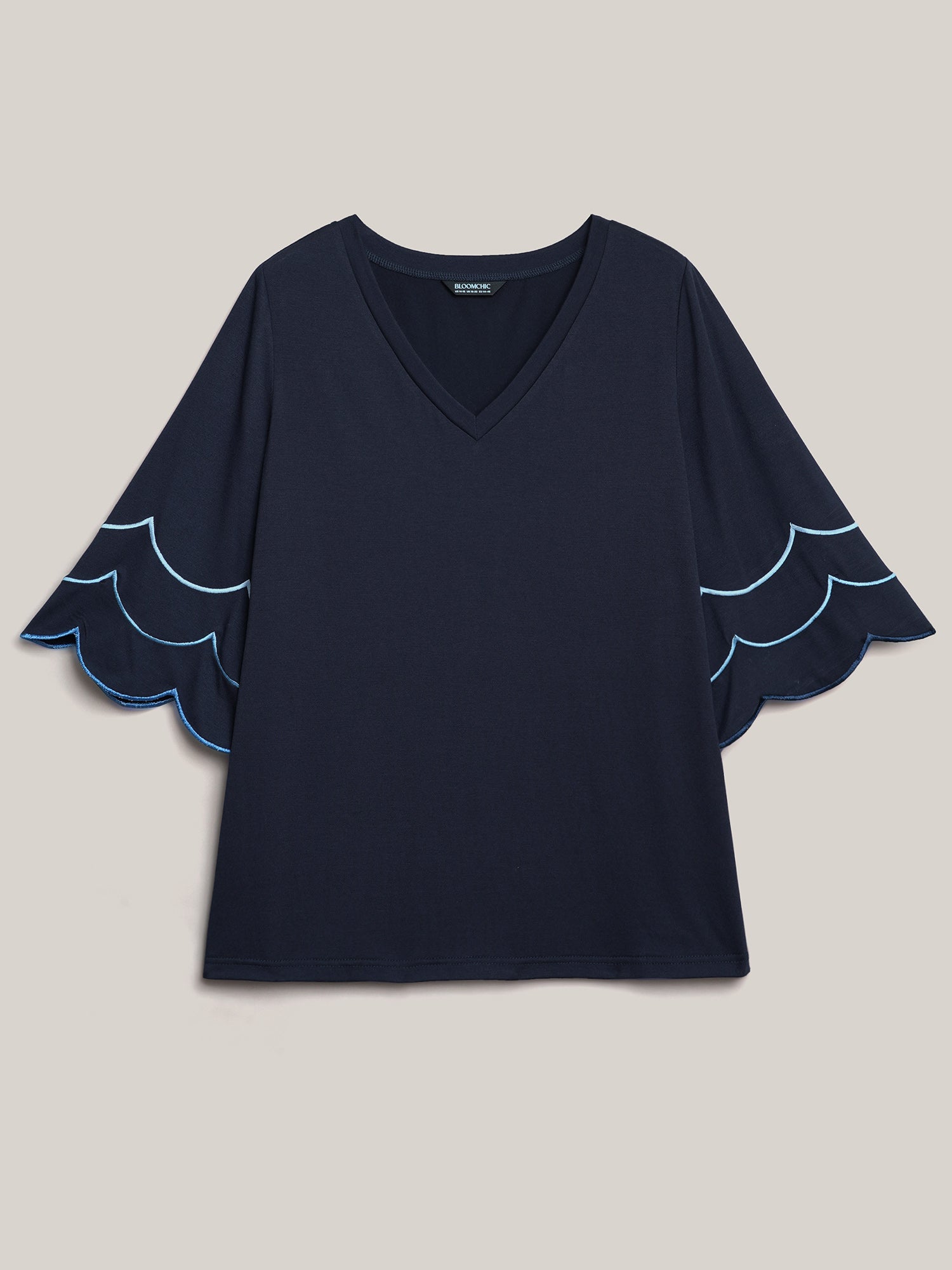 Embroidered Trumpet Sleeve V-Neck T-Shirt