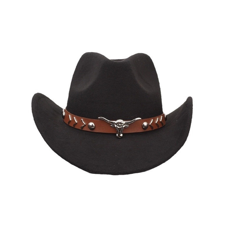 Autumn And Winter Woolen Denim Jazz Felt Hat For Men And Women Cow Head Mark Curled Top Hat Tibetan Sunshade Sunscreen Hat