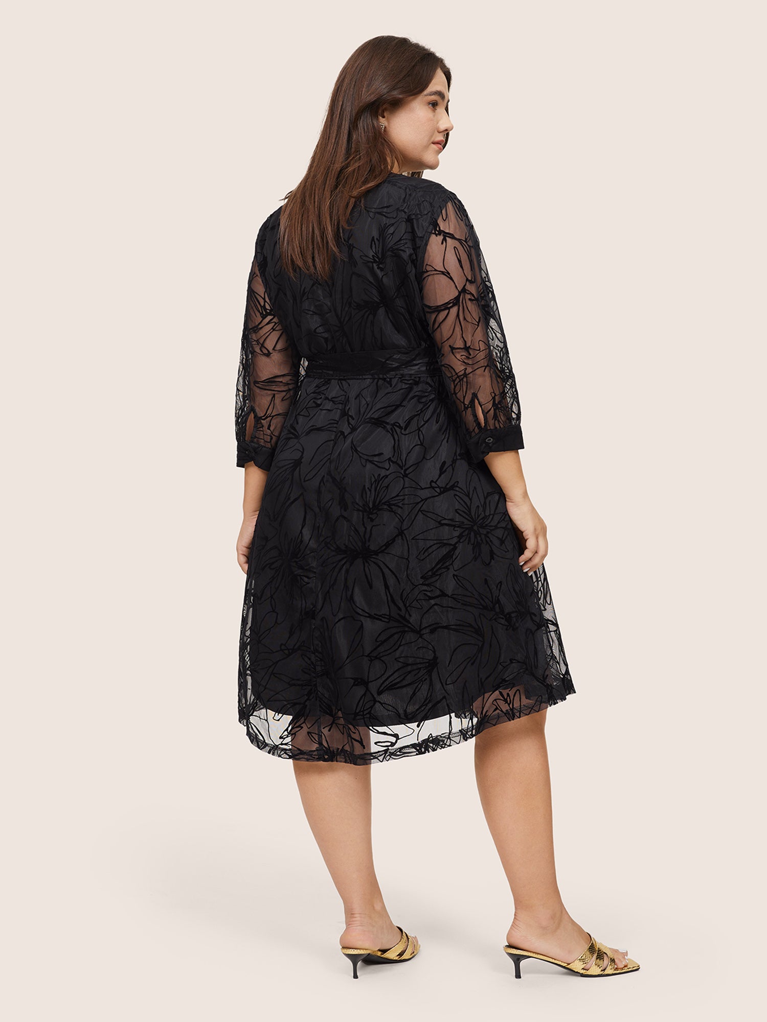 Floral Flocked Tulle Belted Dress