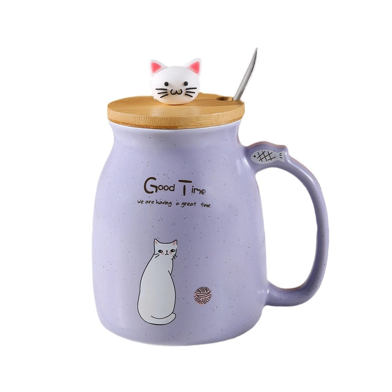 Cartoon Couple Cute Cat Ceramic Water Cup Super Cute Cat Lid Spoon Coffee Cup Breakfast Milk Gift Mug