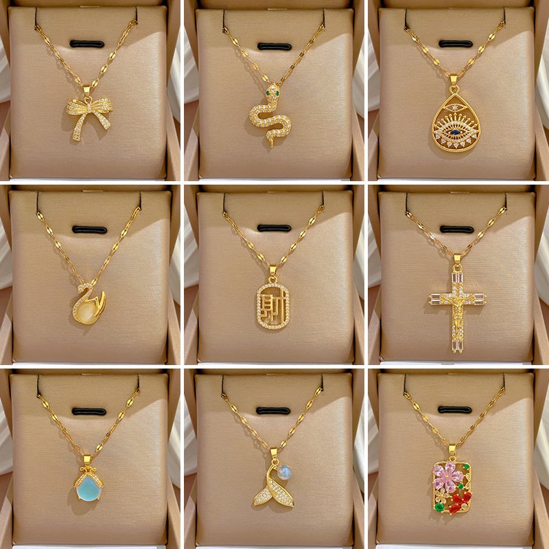 Cartoon Geometric Titanium Steel Diamond Inlay Necklaces
