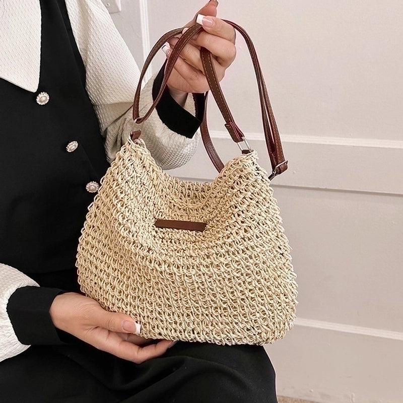 Women's Straw Solid Color Basic Vacation Square Zipper Shoulder Bag Beach Bag Straw Bag