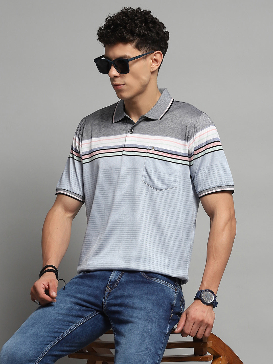 Men Blue Stripe Collar Half Sleeve T-Shirt